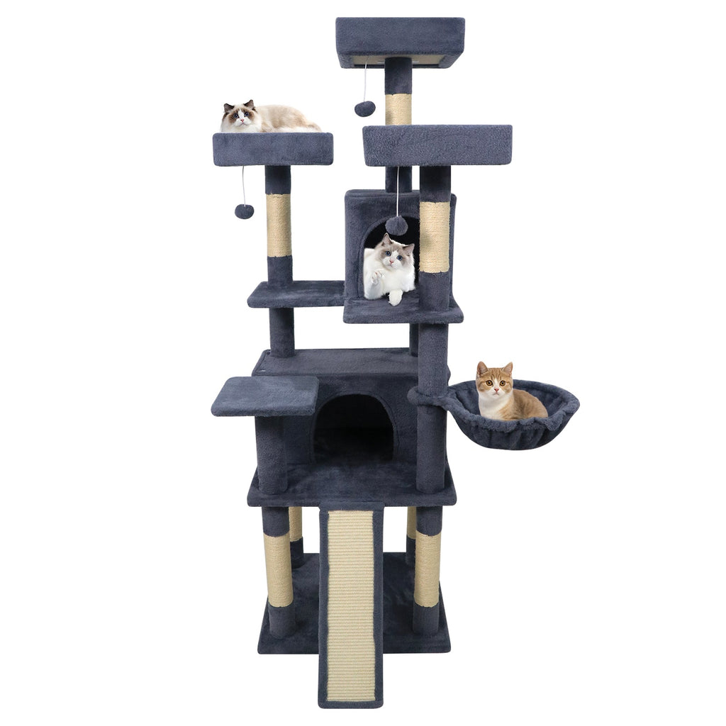 65 Inch Tall Multi-level Cat Tree with 3 Upholstered Perch and 2 Cat Condos - Majestic Pet Kingdom