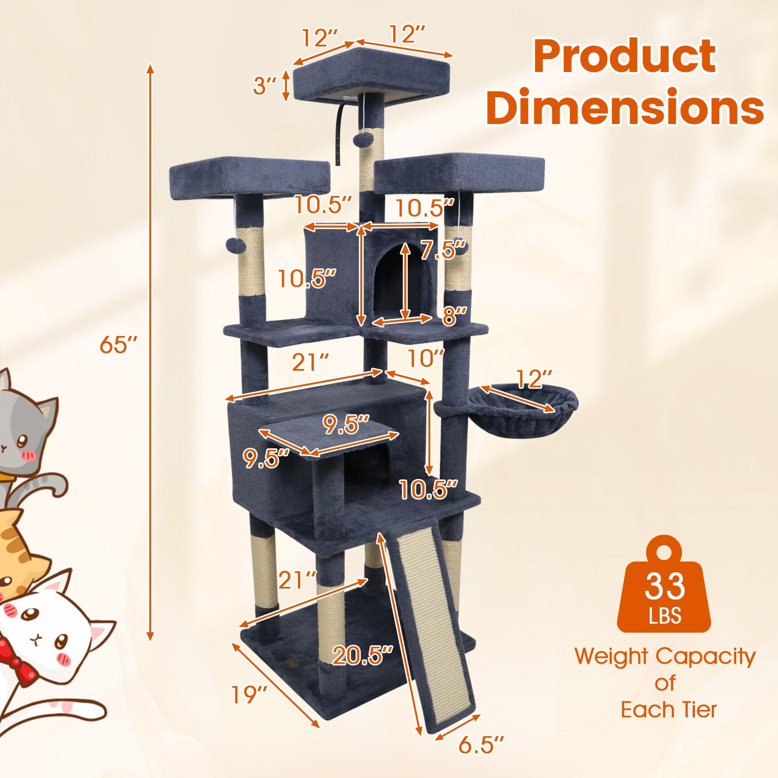 65 Inch Tall Multi-level Cat Tree with 3 Upholstered Perch and 2 Cat Condos - Majestic Pet Kingdom