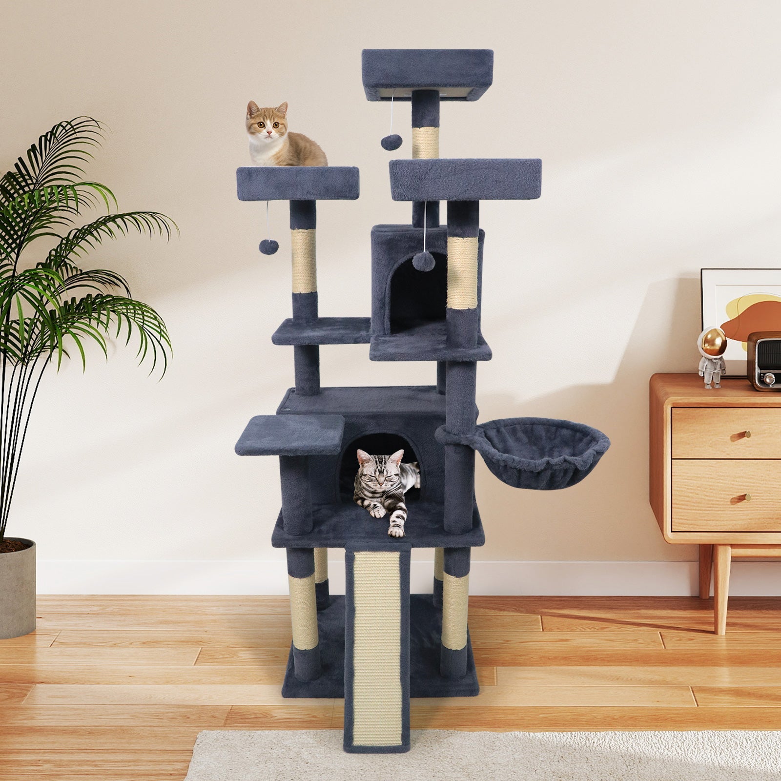 65 Inch Tall Multi-level Cat Tree with 3 Upholstered Perch and 2 Cat Condos - Majestic Pet Kingdom