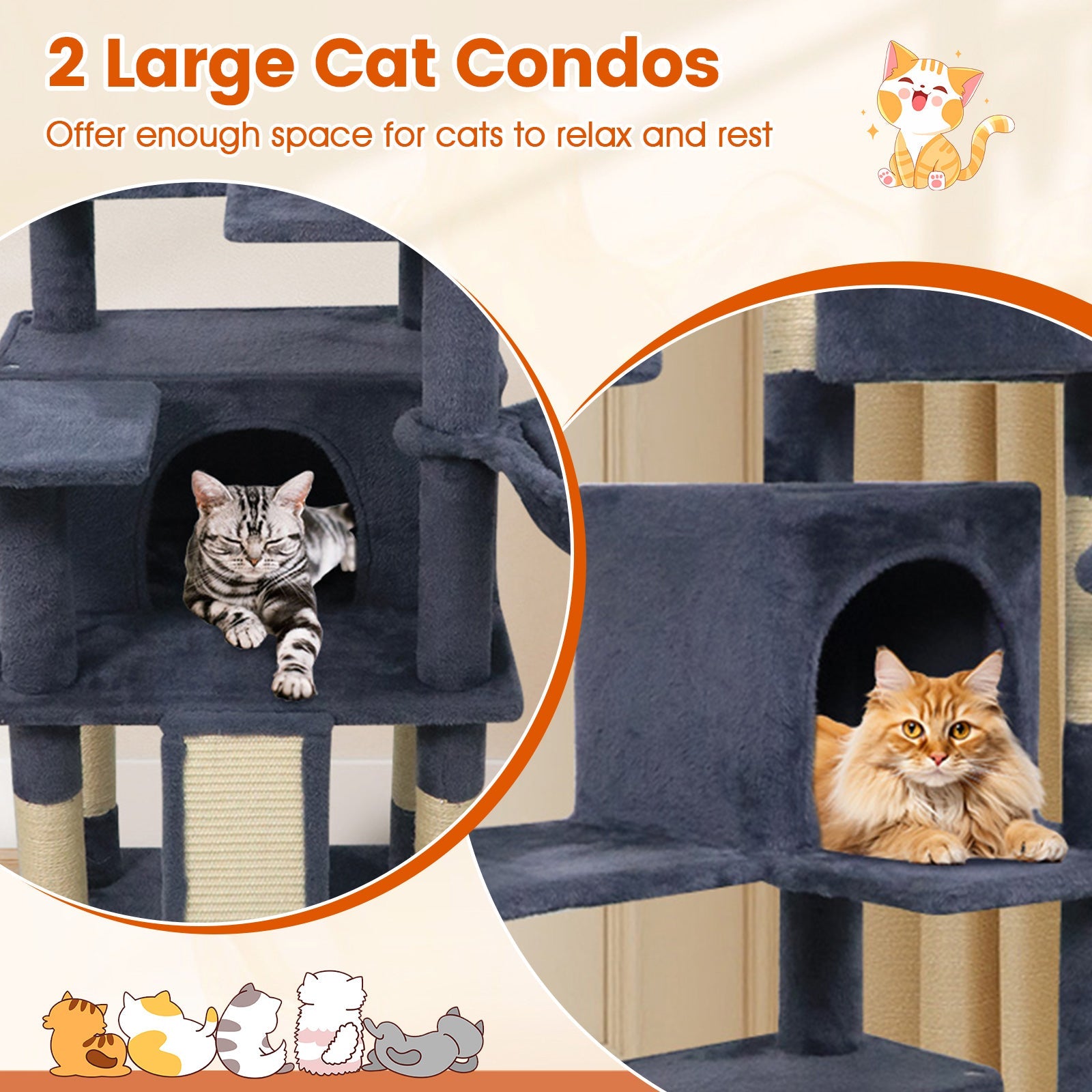 65 Inch Tall Multi-level Cat Tree with 3 Upholstered Perch and 2 Cat Condos - Majestic Pet Kingdom