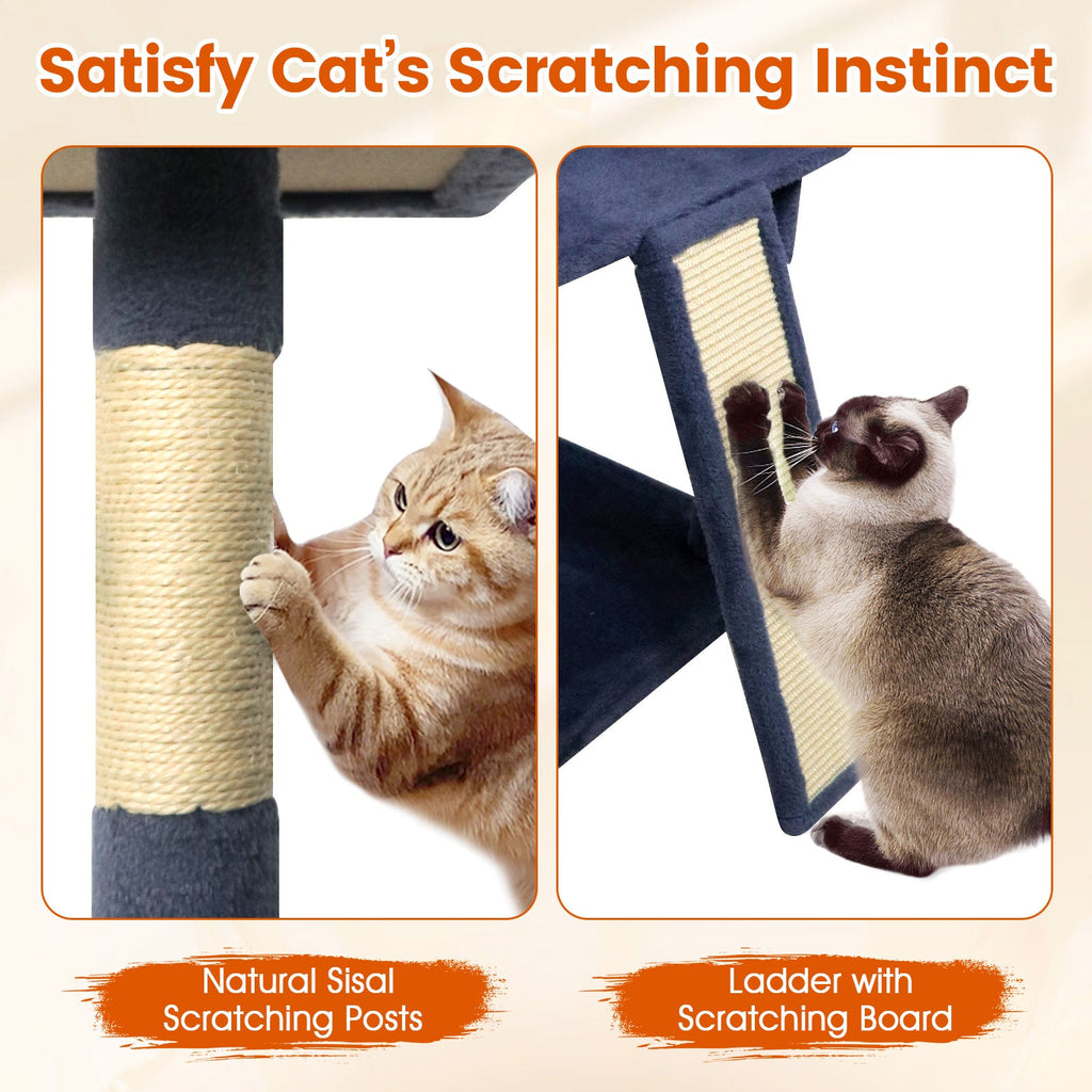 65 Inch Tall Multi-level Cat Tree with 3 Upholstered Perch and 2 Cat Condos - Majestic Pet Kingdom