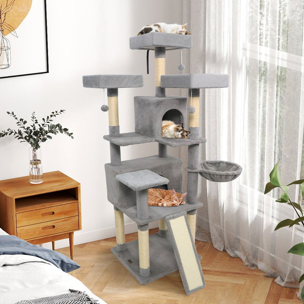65 Inch Tall Multi-level Cat Tree with 3 Upholstered Perch and 2 Cat Condos - Majestic Pet Kingdom