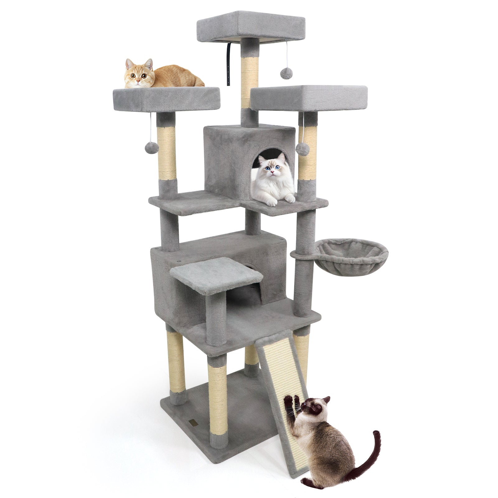 65 Inch Tall Multi-level Cat Tree with 3 Upholstered Perch and 2 Cat Condos