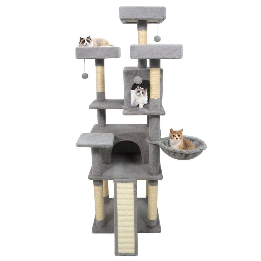 65 Inch Tall Multi-level Cat Tree with 3 Upholstered Perch and 2 Cat Condos - Majestic Pet Kingdom