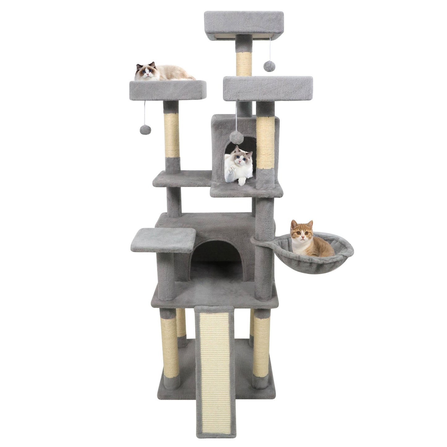 65 Inch Tall Multi-level Cat Tree with 3 Upholstered Perch and 2 Cat Condos - Majestic Pet Kingdom