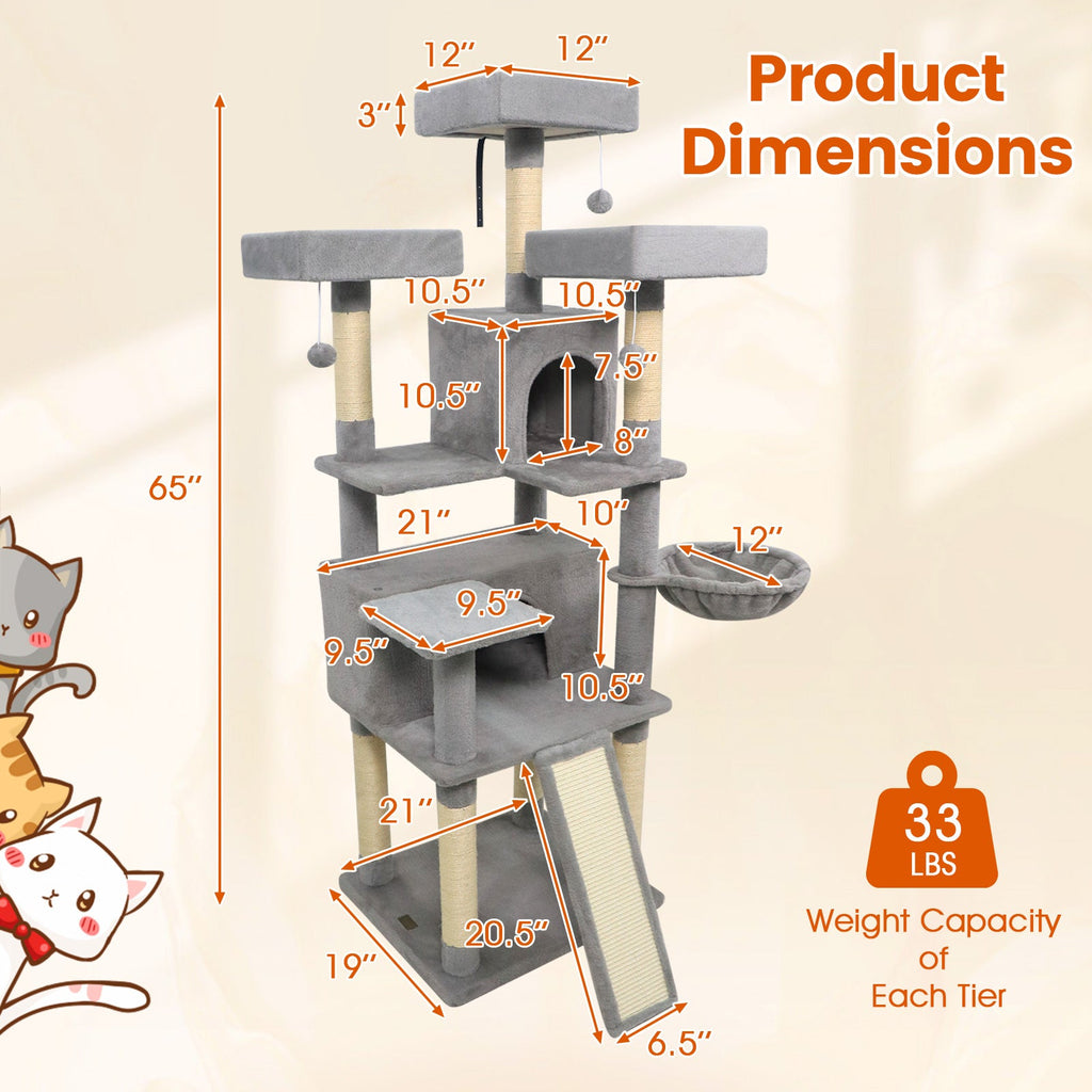 65 Inch Tall Multi-level Cat Tree with 3 Upholstered Perch and 2 Cat Condos - Majestic Pet Kingdom