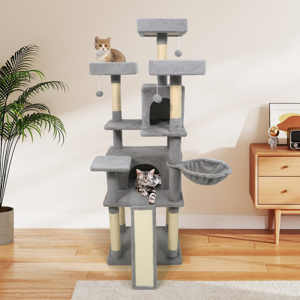 65 Inch Tall Multi-level Cat Tree with 3 Upholstered Perch and 2 Cat Condos | Purrfect Pet Kingdom