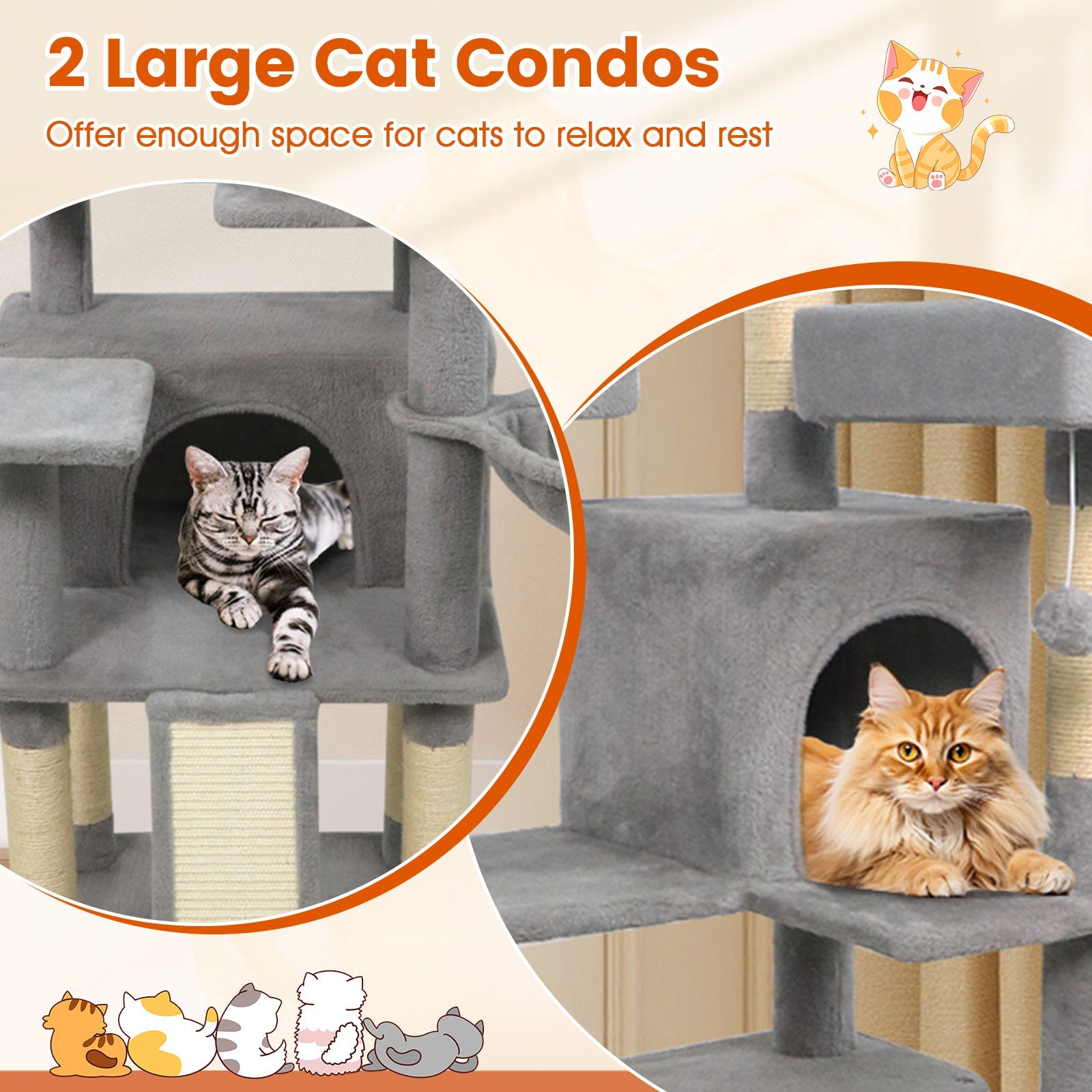 65 Inch Tall Multi-level Cat Tree with 3 Upholstered Perch and 2 Cat Condos - Majestic Pet Kingdom