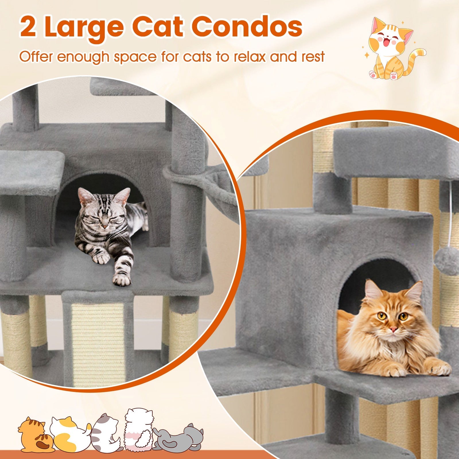 65 Inch Tall Multi-level Cat Tree with 3 Upholstered Perch and 2 Cat Condos | Purrfect Pet Kingdom