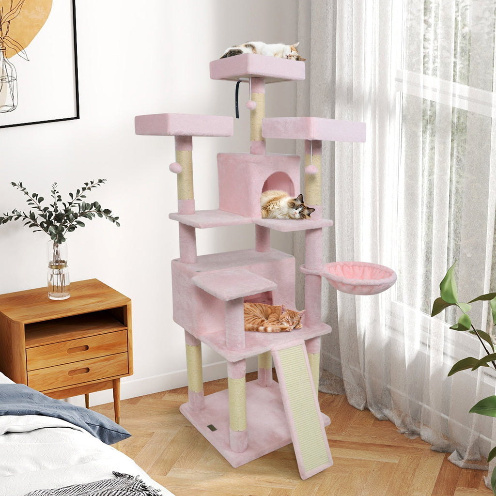 65 Inch Tall Multi-level Cat Tree with 3 Upholstered Perch and 2 Cat Condos | Purrfect Pet Kingdom