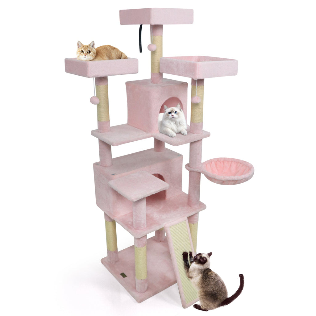 65 Inch Tall Multi-level Cat Tree with 3 Upholstered Perch and 2 Cat Condos - Majestic Pet Kingdom