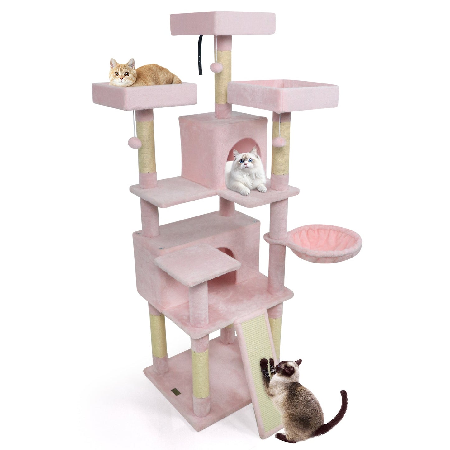 65 Inch Tall Multi-level Cat Tree with 3 Upholstered Perch and 2 Cat Condos - Majestic Pet Kingdom