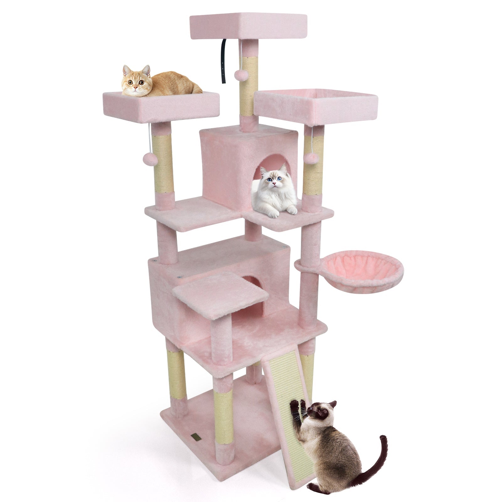 65 Inch Tall Multi-level Cat Tree with 3 Upholstered Perch and 2 Cat Condos - Majestic Pet Kingdom