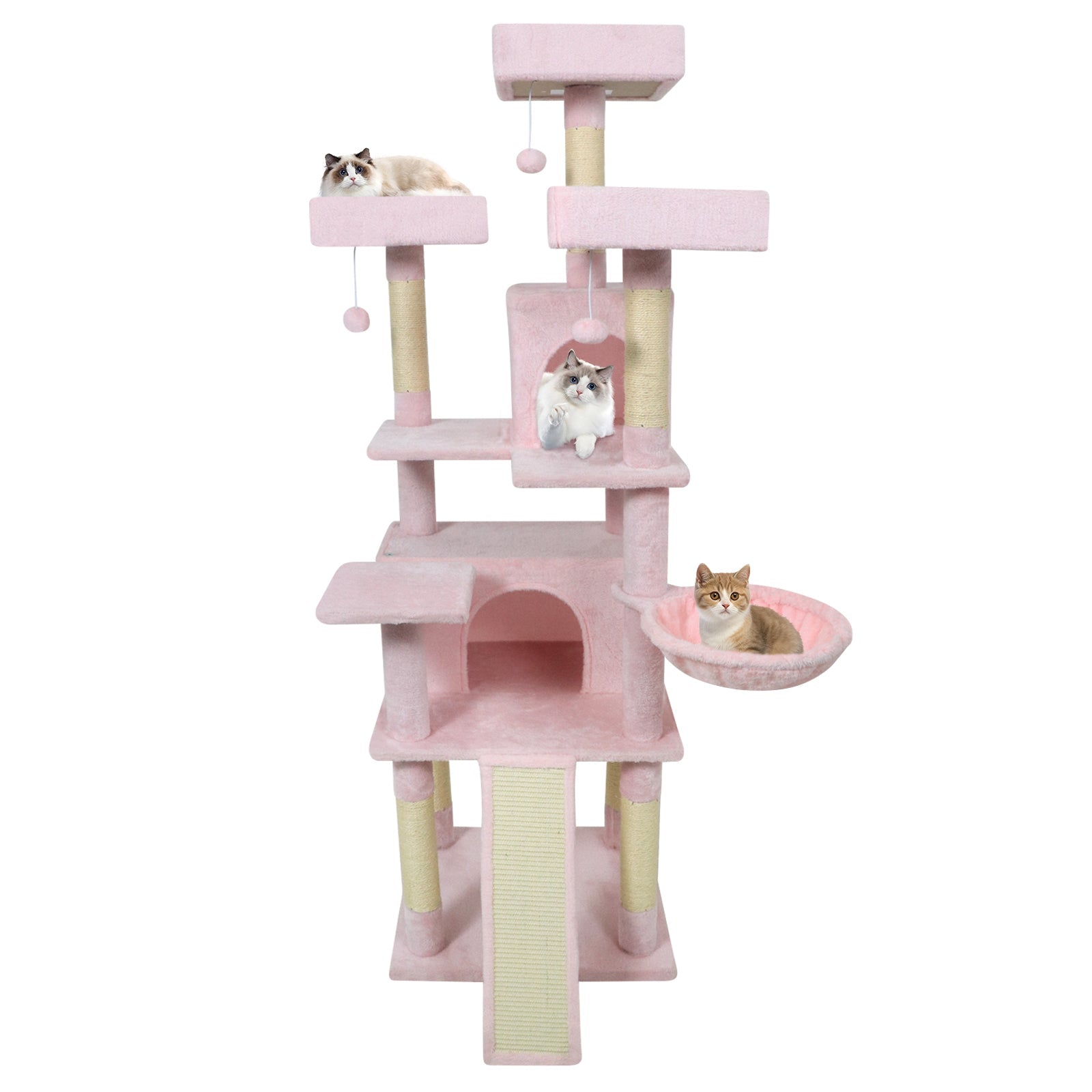 65 Inch Tall Multi-level Cat Tree with 3 Upholstered Perch and 2 Cat Condos - Majestic Pet Kingdom