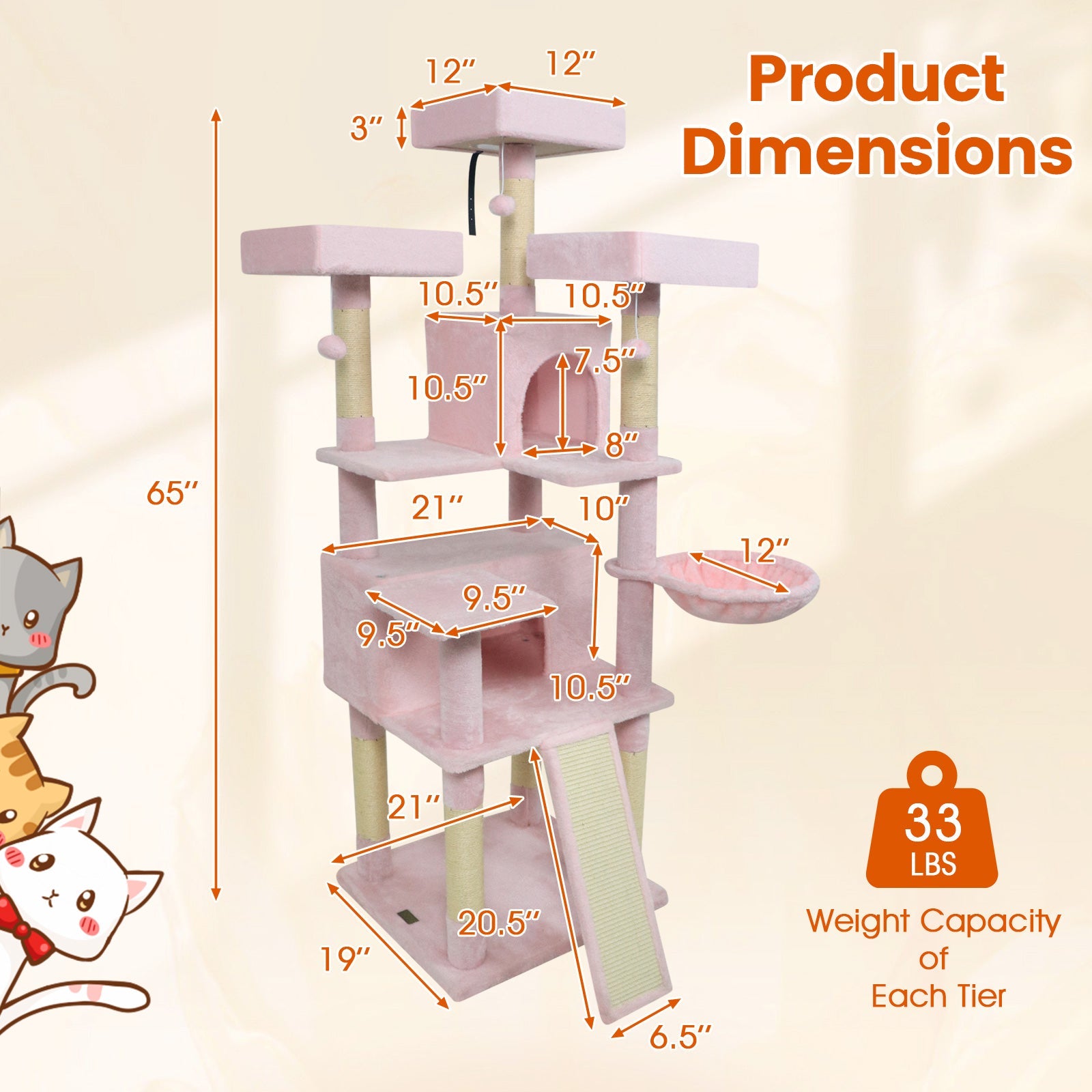 65 Inch Tall Multi-level Cat Tree with 3 Upholstered Perch and 2 Cat Condos - Majestic Pet Kingdom
