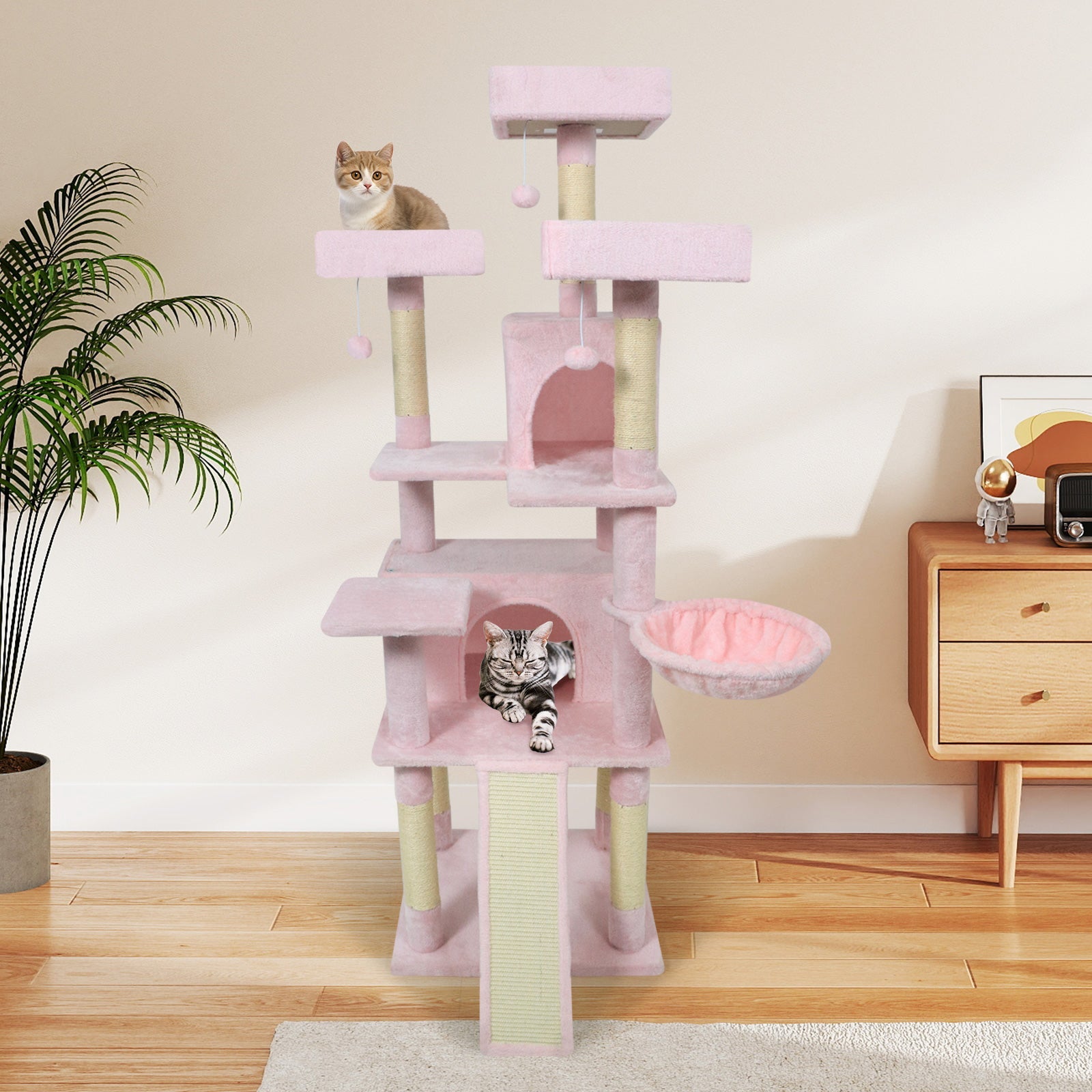 65 Inch Tall Multi-level Cat Tree with 3 Upholstered Perch and 2 Cat Condos - Majestic Pet Kingdom
