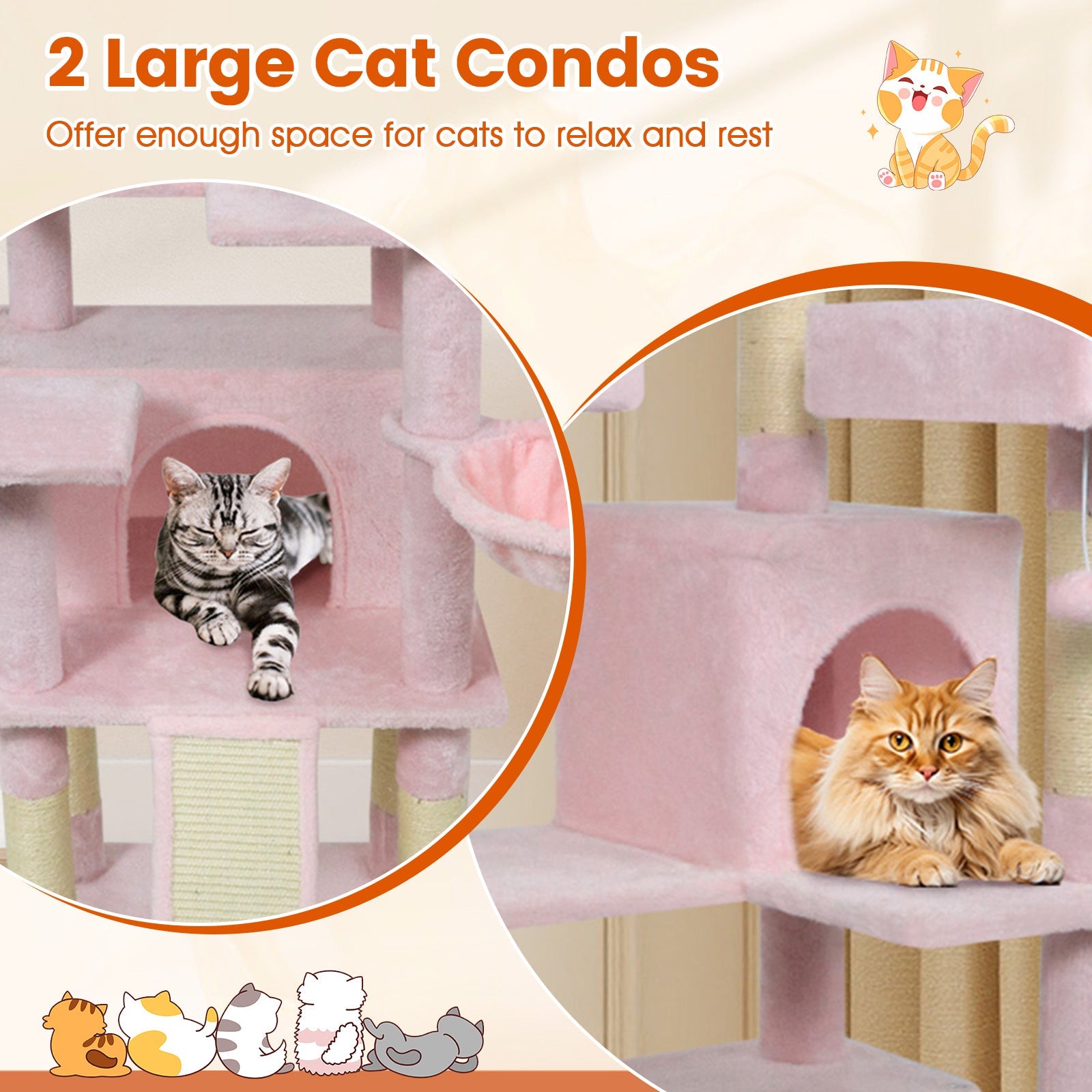65 Inch Tall Multi-level Cat Tree with 3 Upholstered Perch and 2 Cat Condos - Majestic Pet Kingdom