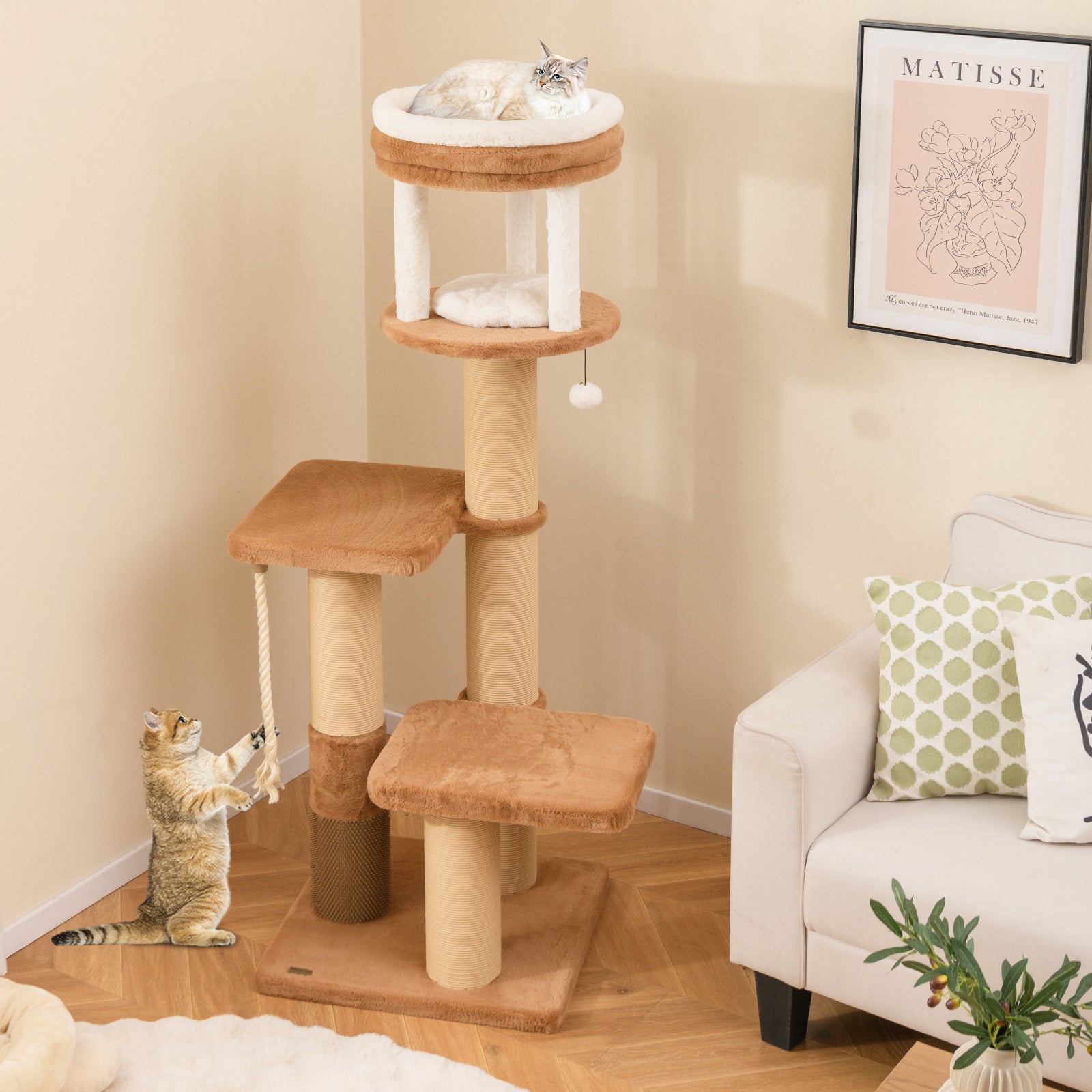 65 Inches Tall Cat Tree with Self-groomer and Removable Cat Bed-Coffee - Majestic Pet Kingdom