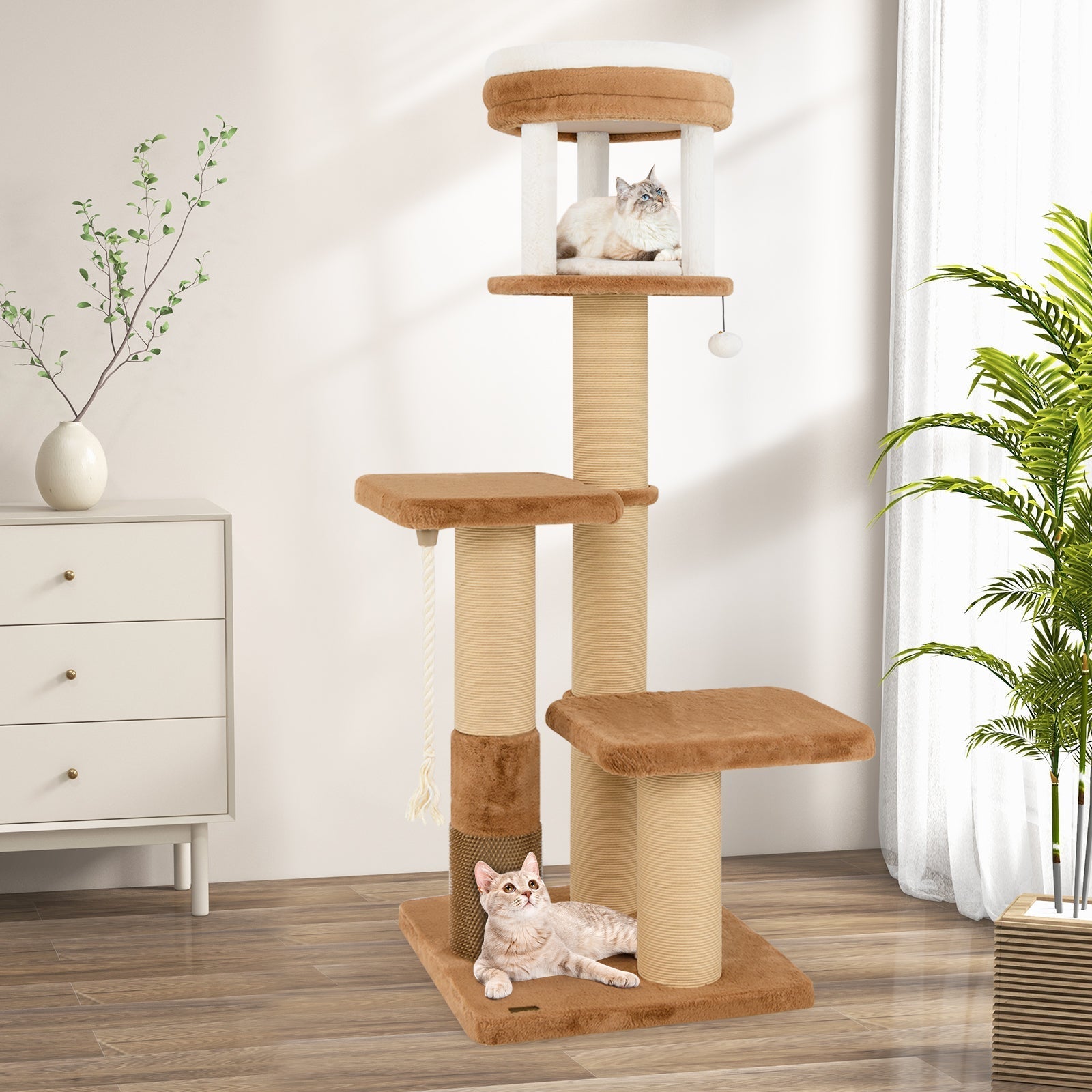 65 Inches Tall Cat Tree with Self-groomer and Removable Cat Bed-Coffee - Majestic Pet Kingdom