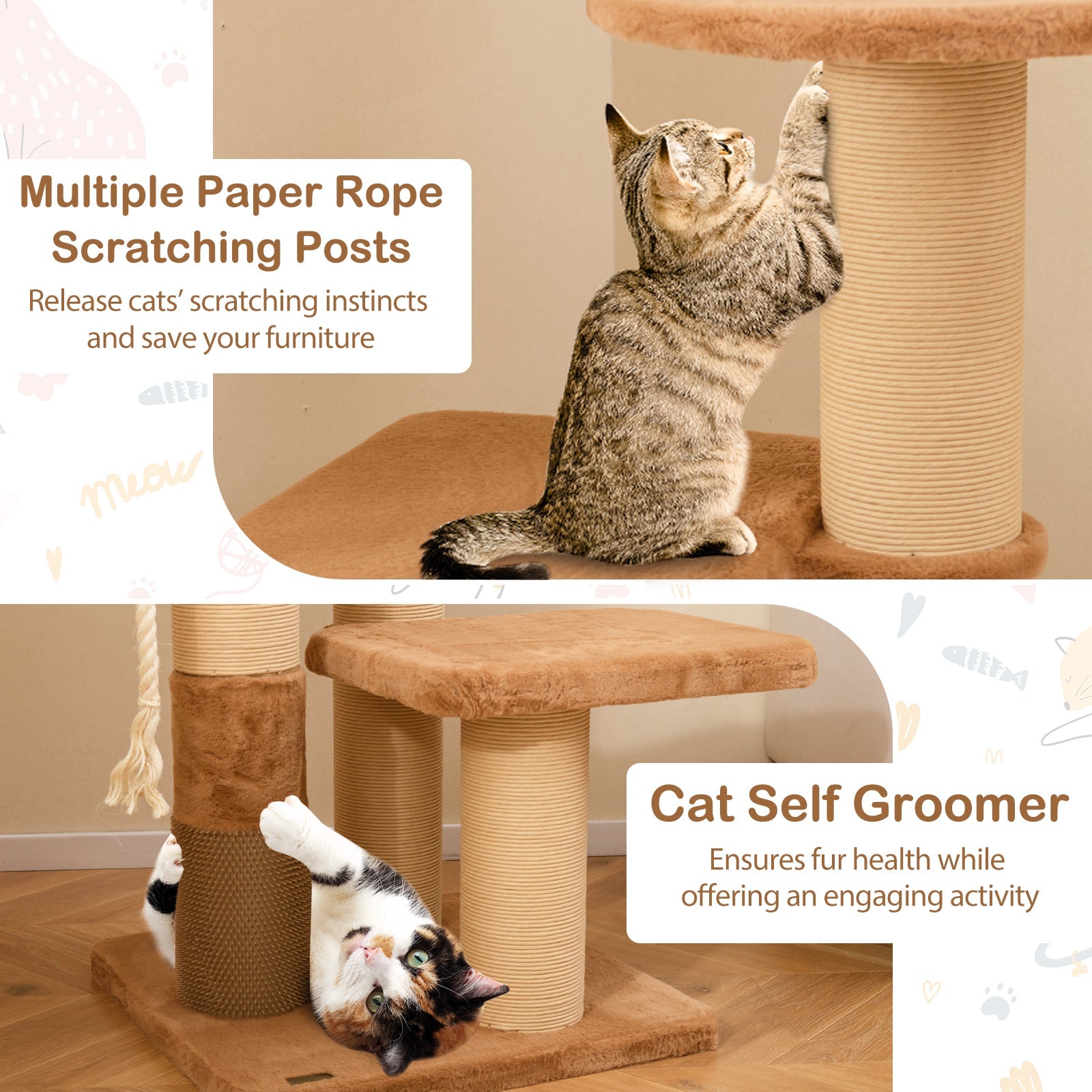 65 Inches Tall Cat Tree with Self-groomer and Removable Cat Bed-Coffee - Majestic Pet Kingdom