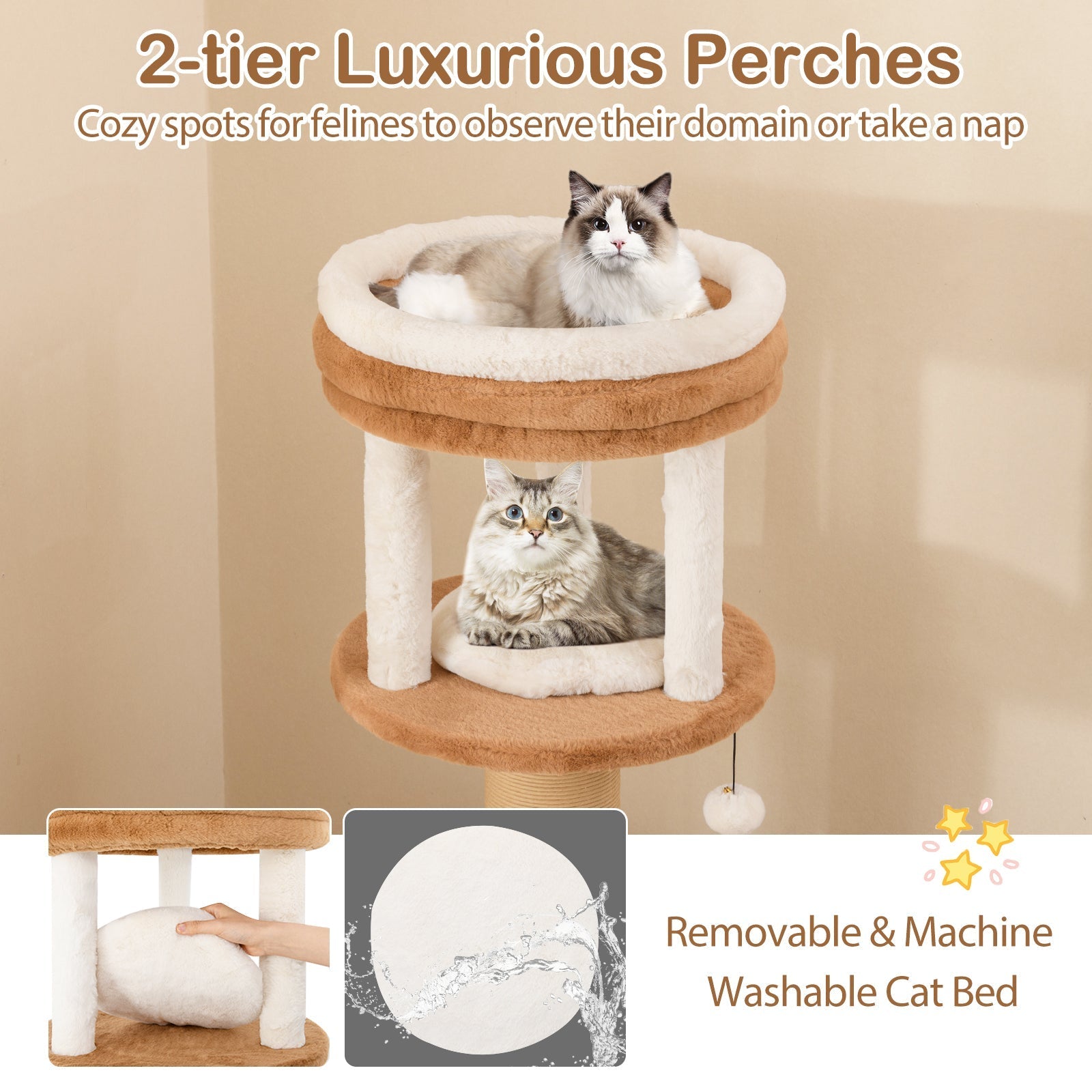 65 Inches Tall Cat Tree with Self-groomer and Removable Cat Bed-Coffee - Majestic Pet Kingdom