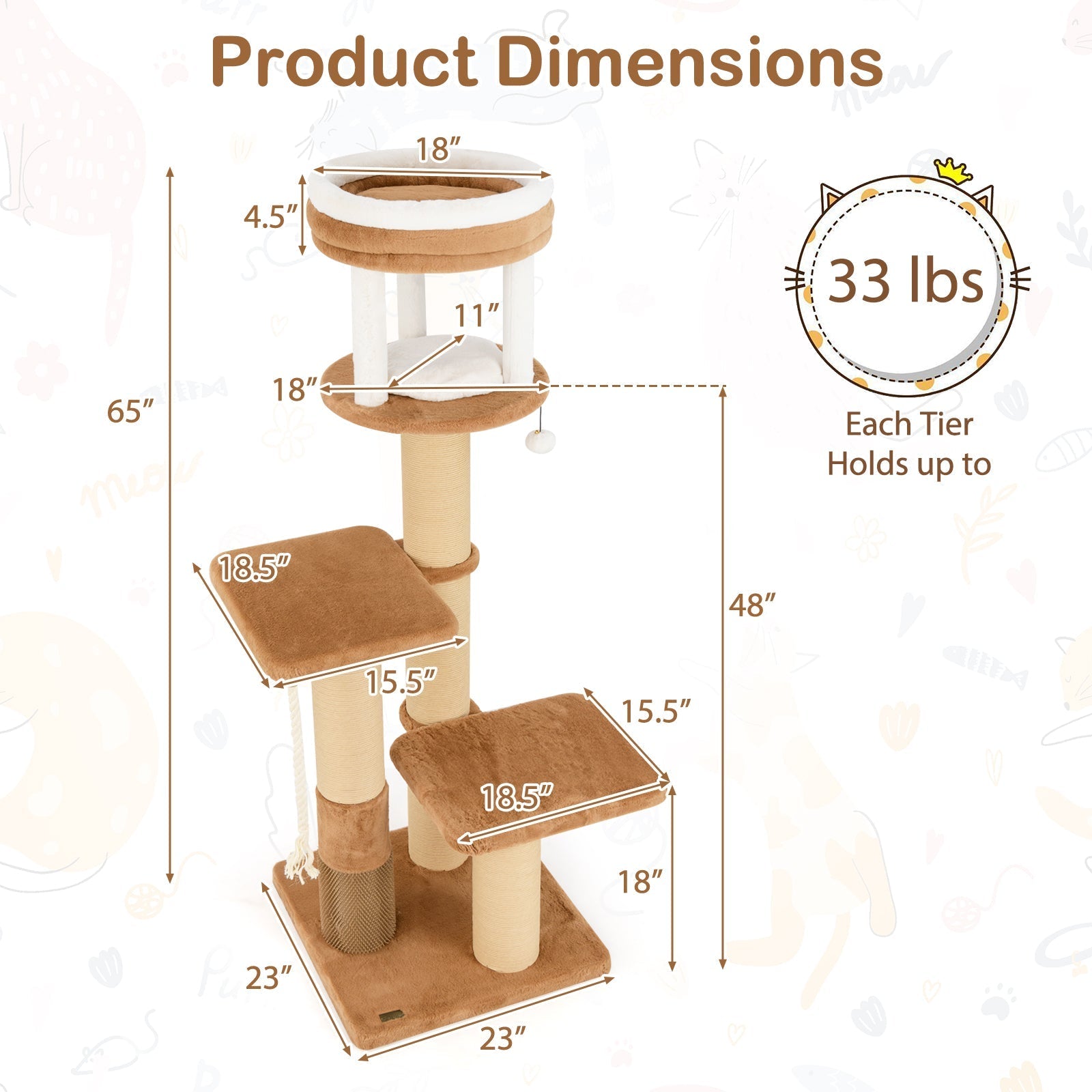 65 Inches Tall Cat Tree with Self-groomer and Removable Cat Bed-Coffee - Majestic Pet Kingdom