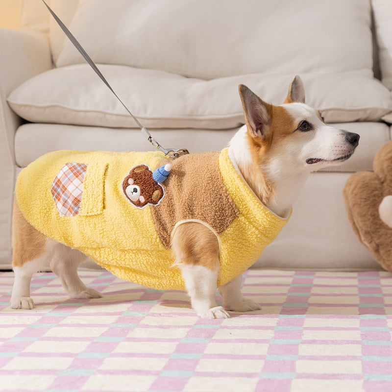 Cute Bear Embroidered Pet Fleece Jacket With Plaid Pockets, Warm Zippered Dog Coat With Leash Ring For Small Dogs - Majestic Pet Kingdom