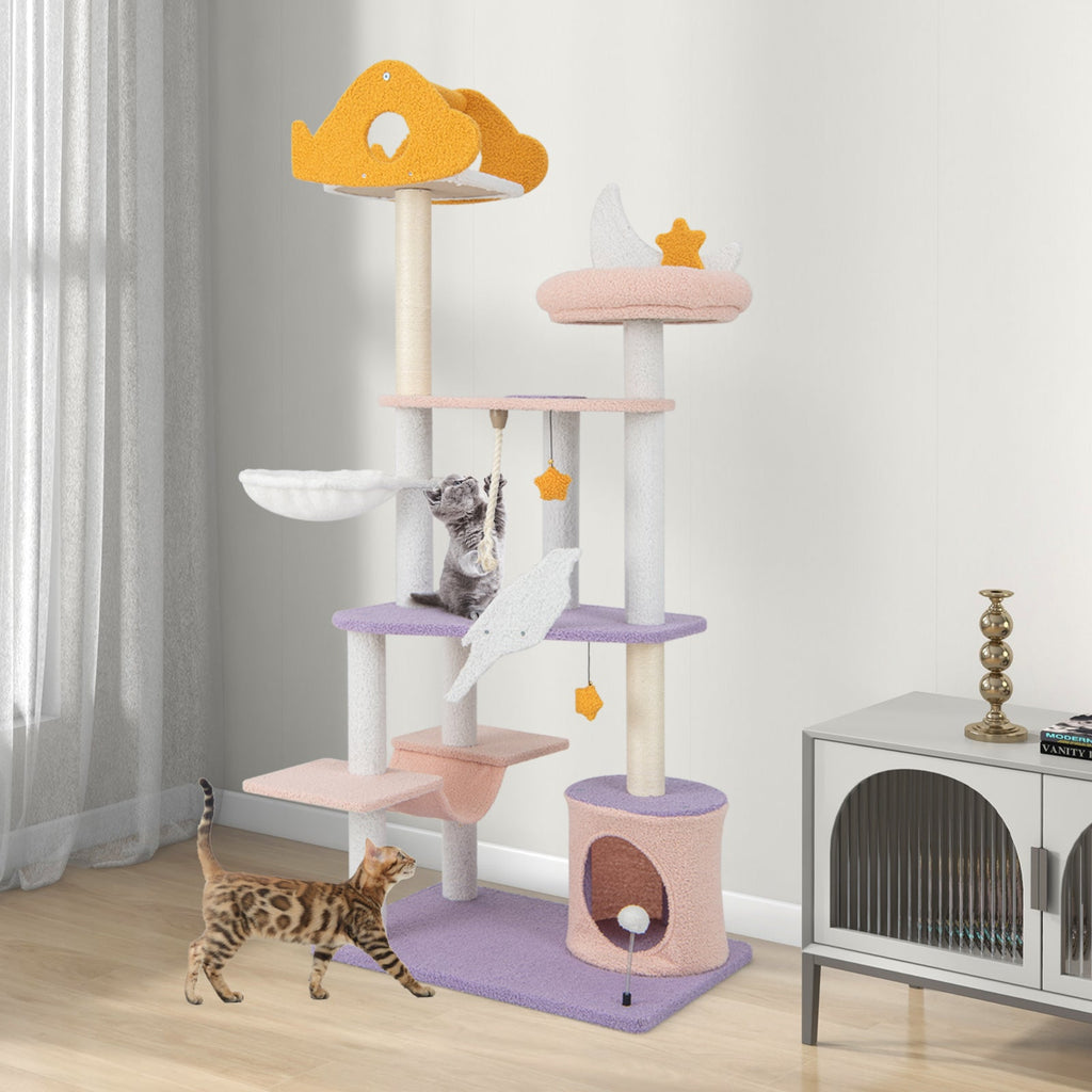 66 Inch Cute Cat Tree Cats Multi-level Tall Cat Tower with Sisal Covered Scratching Posts-Purple - Majestic Pet Kingdom