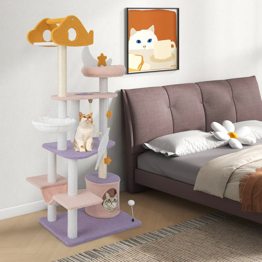 66 Inch Cute Cat Tree Cats Multi-level Tall Cat Tower with Sisal Covered Scratching Posts-Purple - Majestic Pet Kingdom