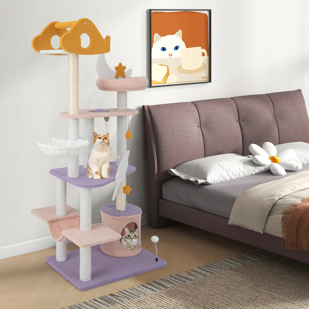 66 Inch Cute Cat Tree Cats Multi-level Tall Cat Tower with Sisal Covered Scratching Posts-Purple - Majestic Pet Kingdom