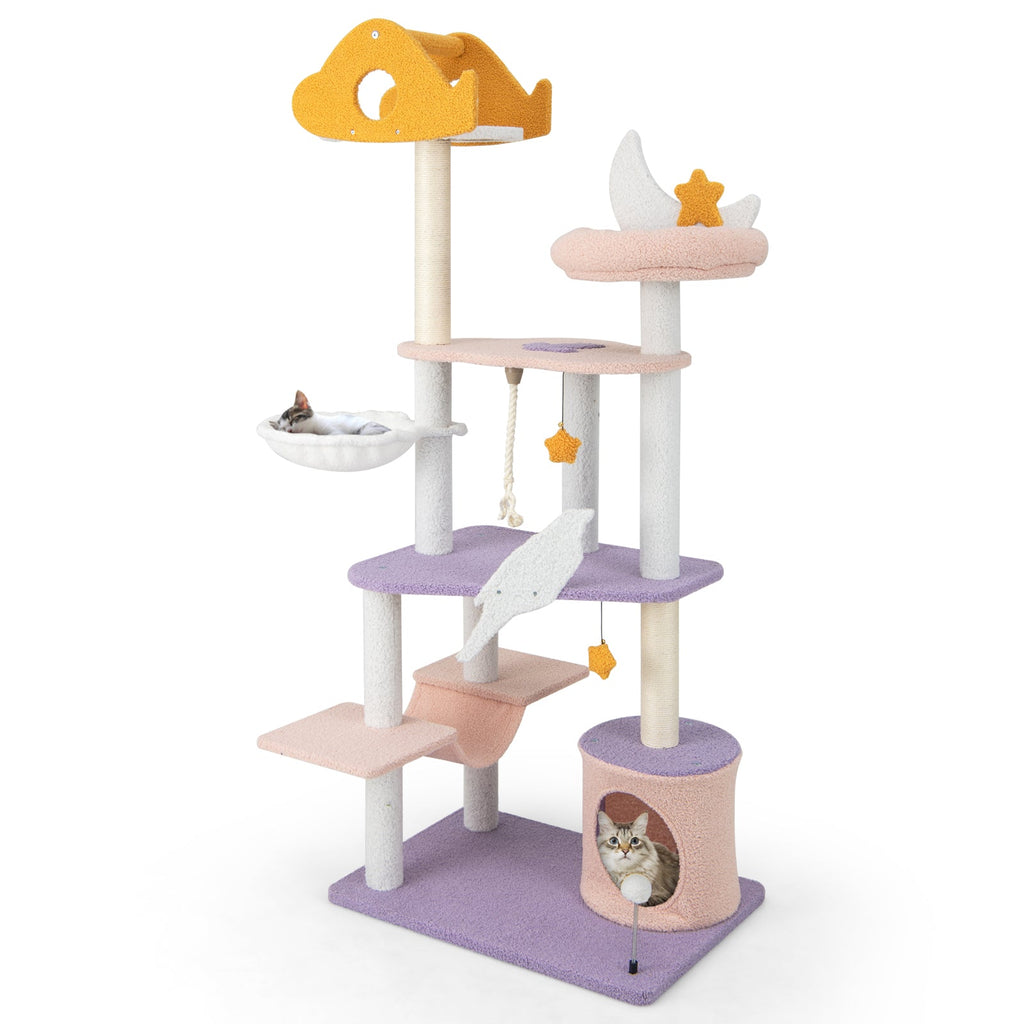 66 Inch Cute Cat Tree Cats Multi-level Tall Cat Tower with Sisal Covered Scratching Posts-Purple - Majestic Pet Kingdom