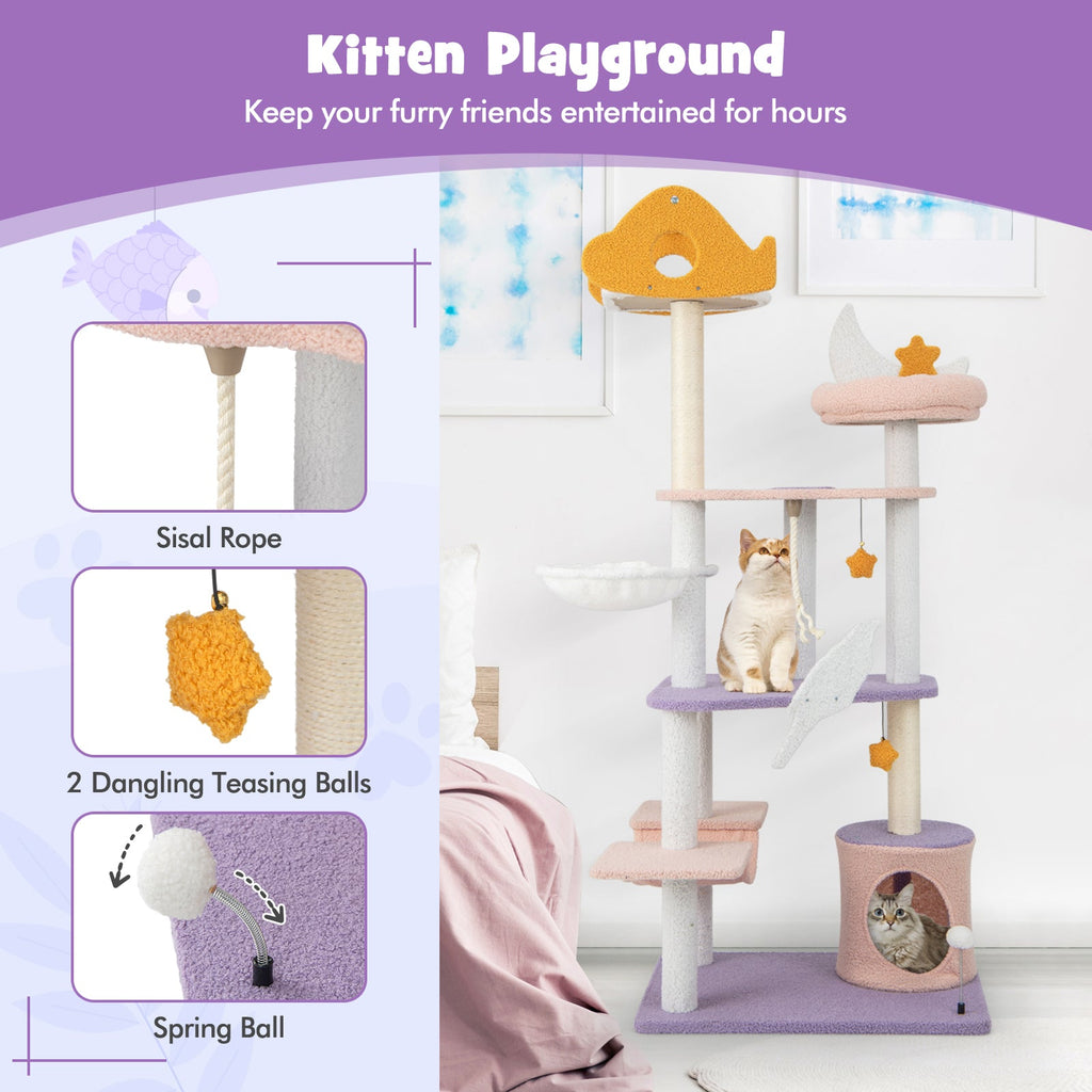 66 Inch Cute Cat Tree Cats Multi-level Tall Cat Tower with Sisal Covered Scratching Posts-Purple - Majestic Pet Kingdom