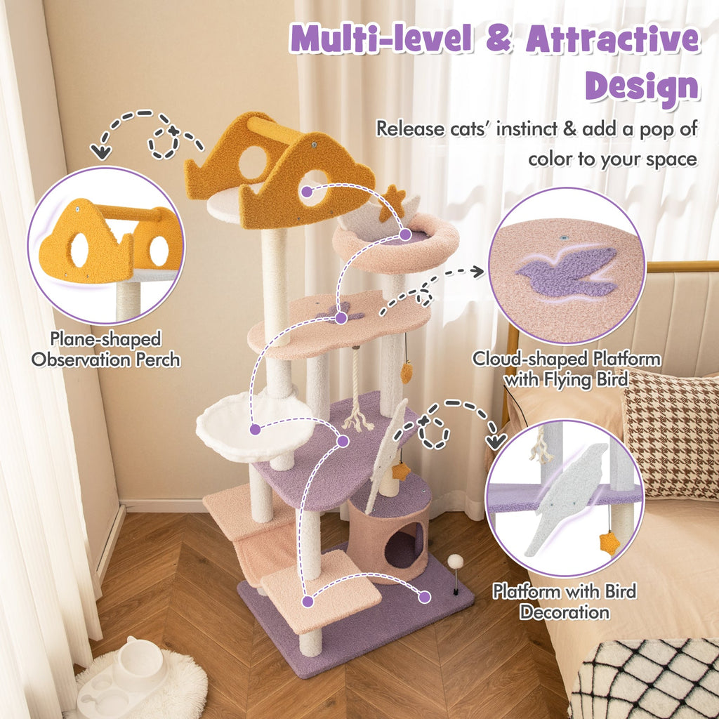 66 Inch Cute Cat Tree Cats Multi-level Tall Cat Tower with Sisal Covered Scratching Posts-Purple - Majestic Pet Kingdom