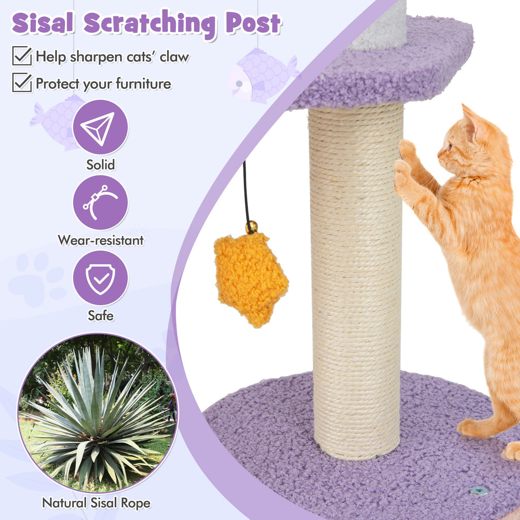 66 Inch Cute Cat Tree Cats Multi-level Tall Cat Tower with Sisal Covered Scratching Posts-Purple - Majestic Pet Kingdom
