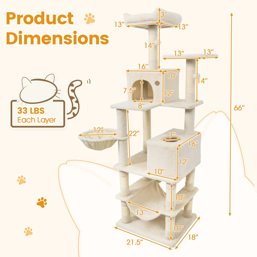 66 Inch Tall Cat Tree Multi-Level Cat Tower with 2 Condos Sisal Scratching Posts - Majestic Pet Kingdom