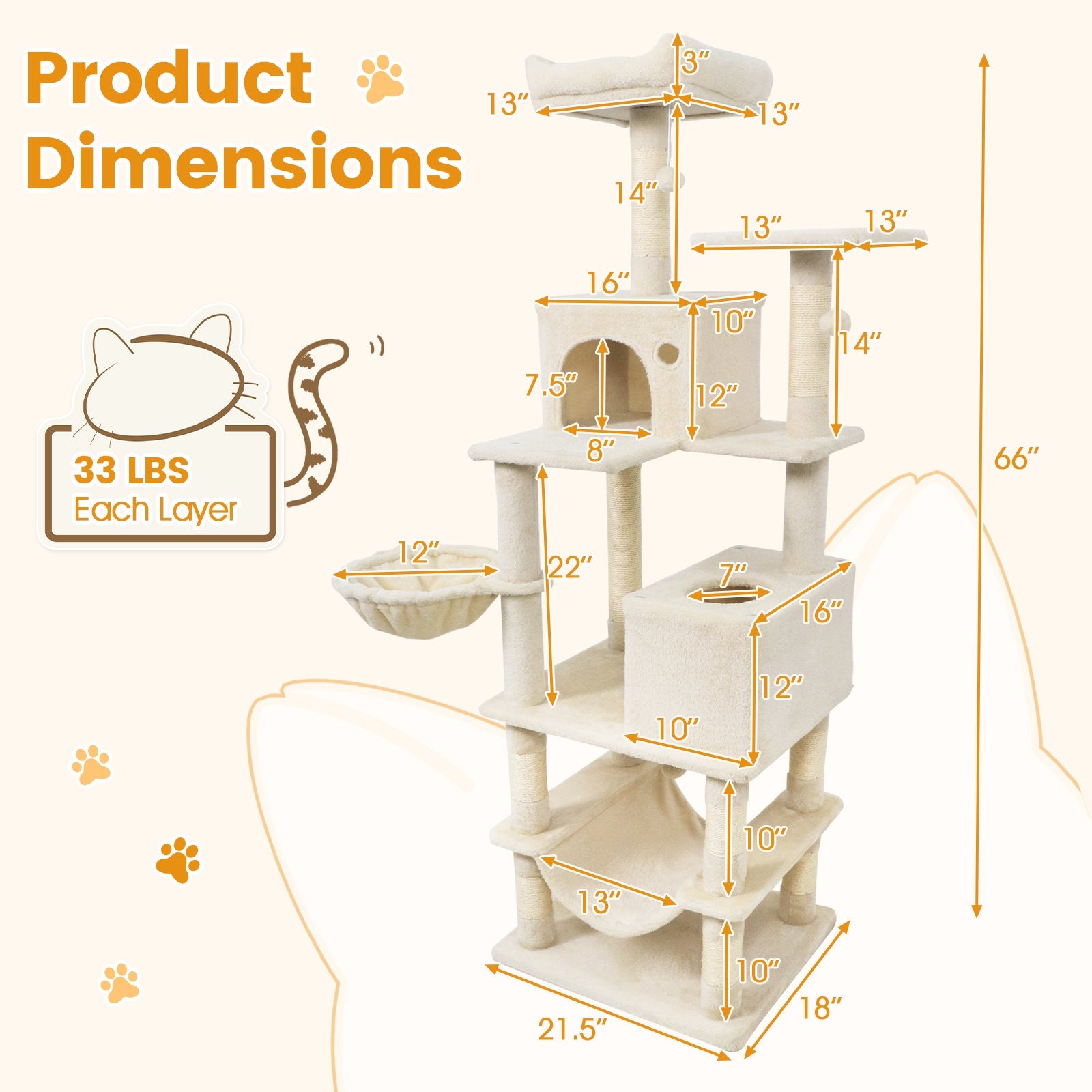 66 Inch Tall Cat Tree Multi-Level Cat Tower with 2 Condos Sisal Scratching Posts - Majestic Pet Kingdom