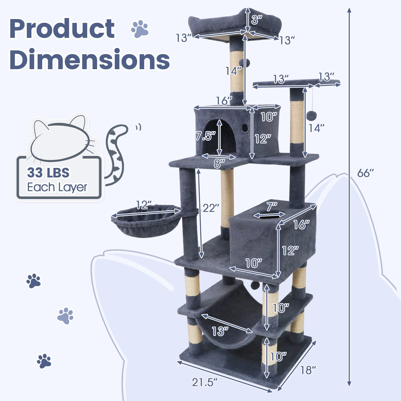 66 Inch Tall Cat Tree Multi-Level Cat Tower with 2 Condos Sisal Scratching Posts - Majestic Pet Kingdom