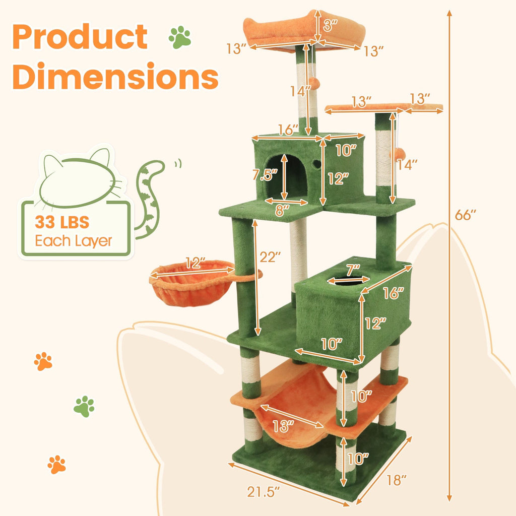 66 Inch Tall Cat Tree Multi-Level Cat Tower with 2 Condos Sisal Scratching Posts - Majestic Pet Kingdom