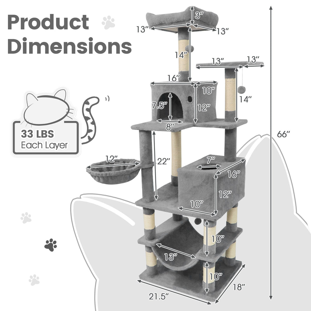 66 Inch Tall Cat Tree Multi-Level Cat Tower with 2 Condos Sisal Scratching Posts - Majestic Pet Kingdom