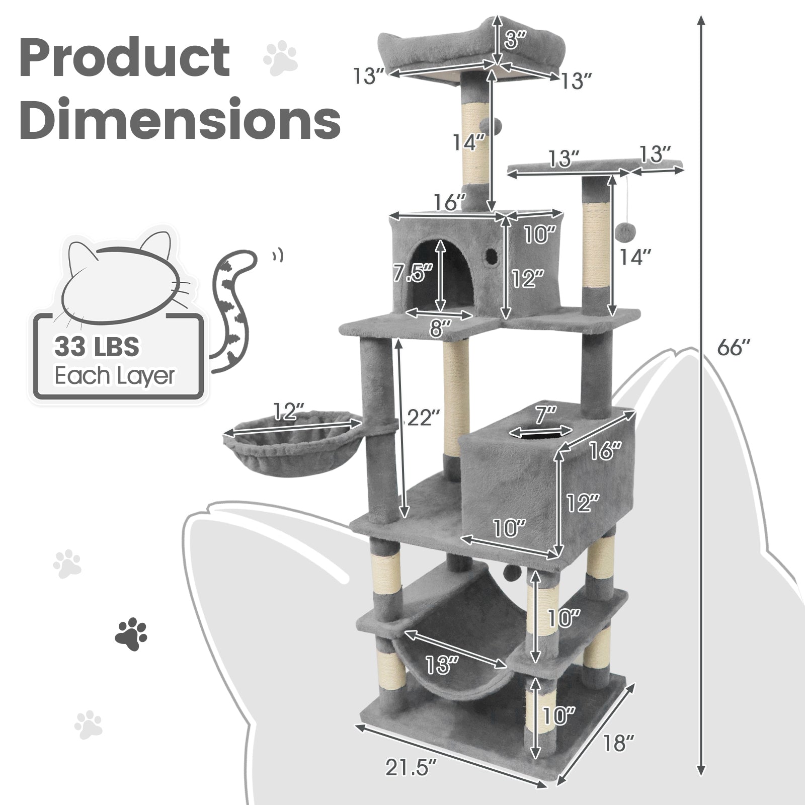 66 Inch Tall Cat Tree Multi-Level Cat Tower with 2 Condos Sisal Scratching Posts - Majestic Pet Kingdom