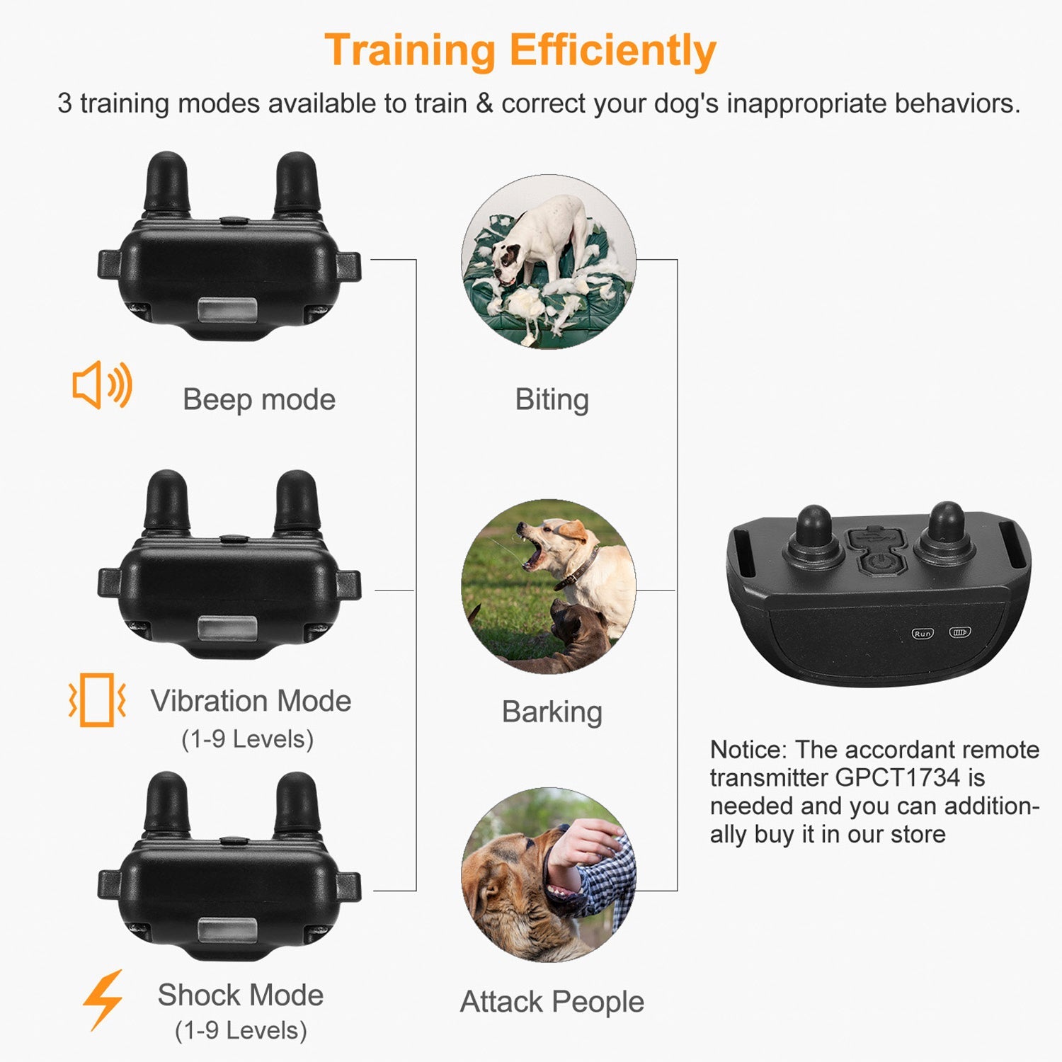 Dog Bark Collar IP67 Waterproof Rechargeable Dog Training Receiver Shock Collar Receiver with Beep Vibration Shock 9 Levels 1640ft Remote Range - Majestic Pet Kingdom