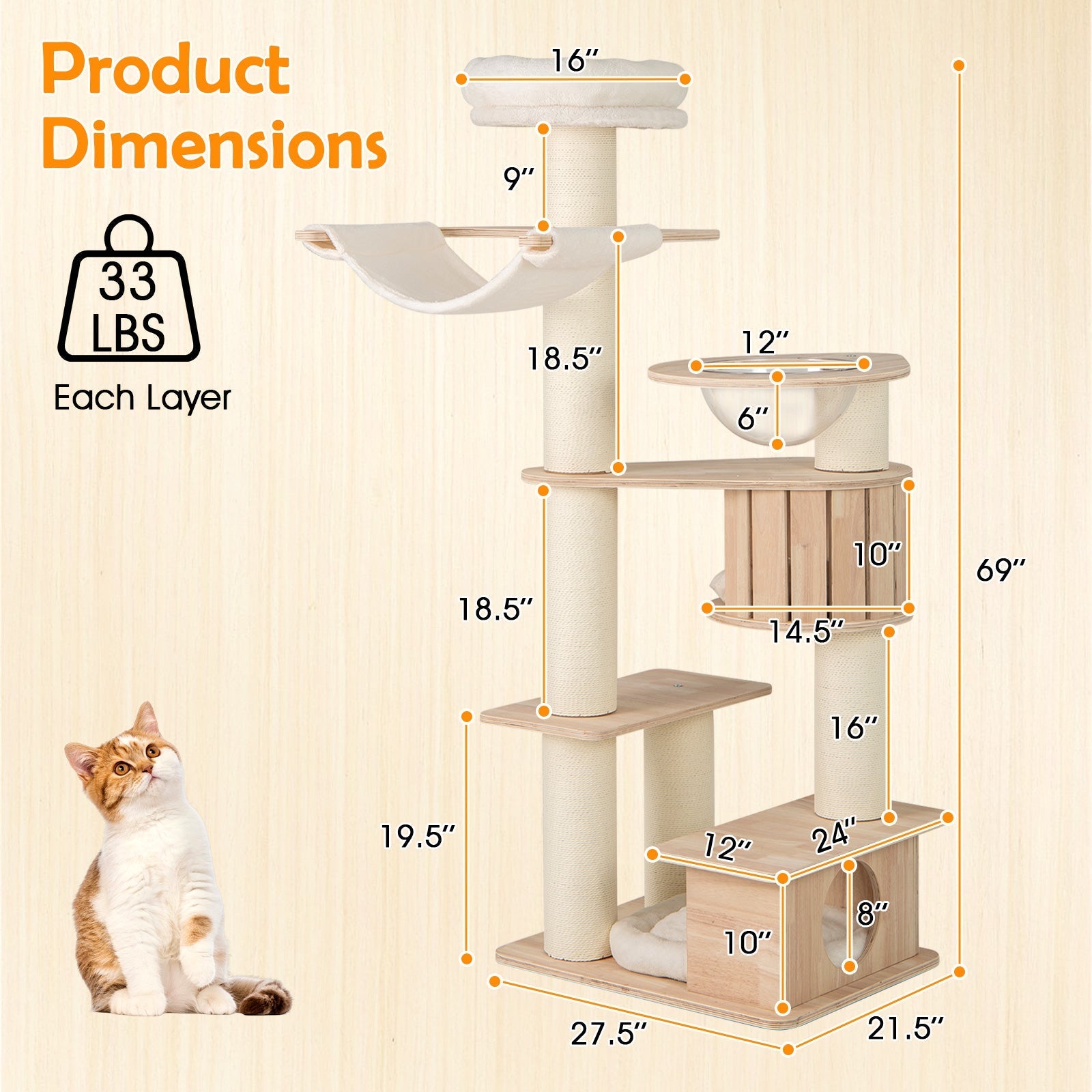 69 Inches Tall Cat Tree with Cozy Top Perch and Washable Plush Cushions - Majestic Pet Kingdom
