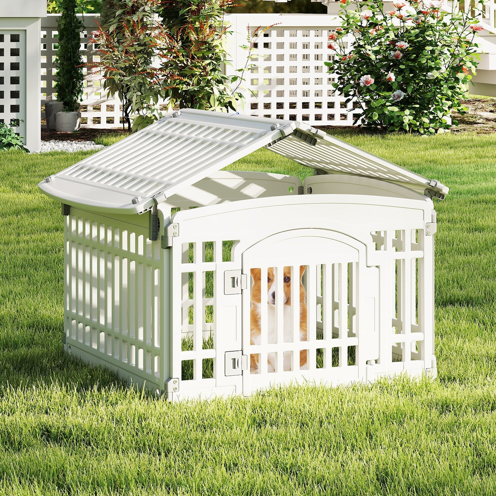 6-Panel Plastic Dog Playpen 24 Inch Indoor Outdoor Pet Fence with Locking Door-White - Majestic Pet Kingdom