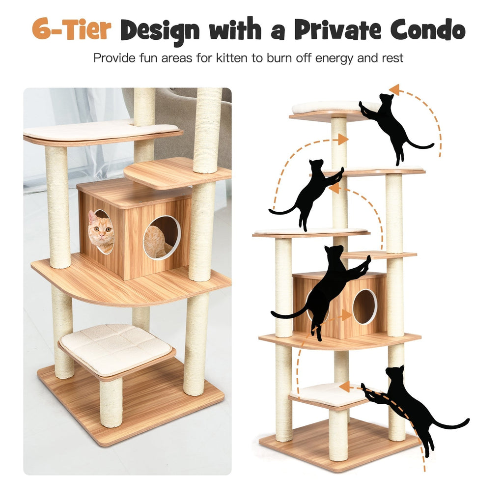 7-Layer Wooden Cat Tree Tall Cat Tower with Sisal Posts and Condo - Majestic Pet Kingdom