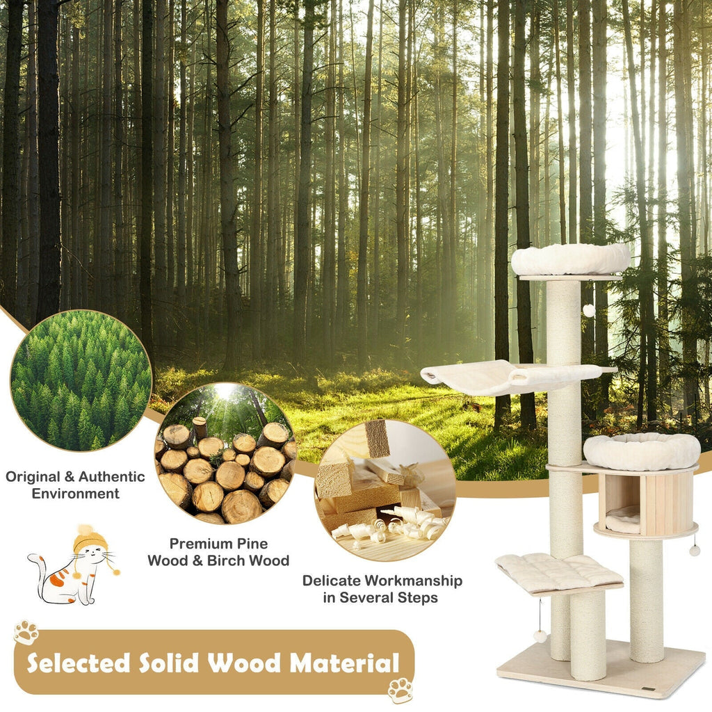 4-Layer 68.5-Inch Wooden Cat Tree Condo Activity Tower with Sisal Posts-Natural - Majestic Pet Kingdom