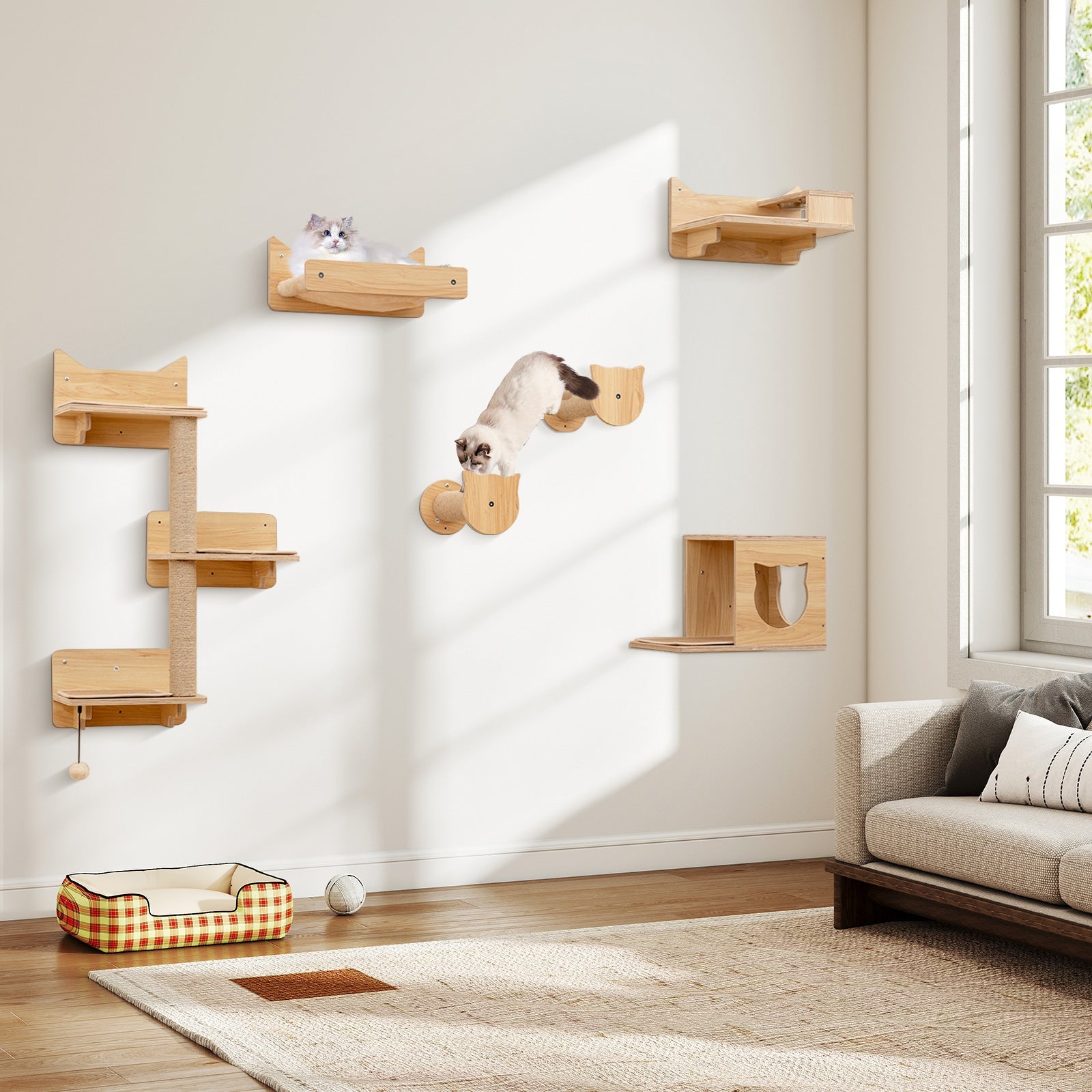 6 Pieces Cat Wall Furniture Set Kitten Wall Mounted Shelves-Natural | Purrfect Pet Kingdom