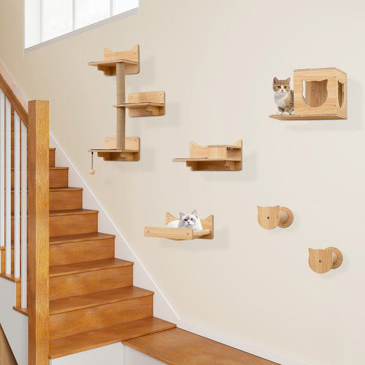 6 Pieces Cat Wall Furniture Set Kitten Wall Mounted Shelves-Natural | Purrfect Pet Kingdom