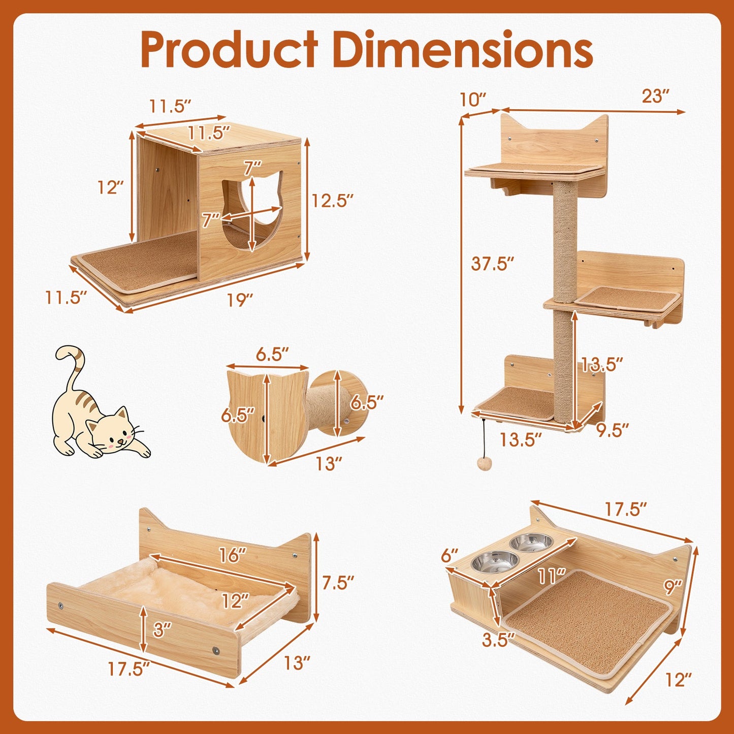 6 Pieces Cat Wall Furniture Set Kitten Wall Mounted Shelves-Natural | Purrfect Pet Kingdom