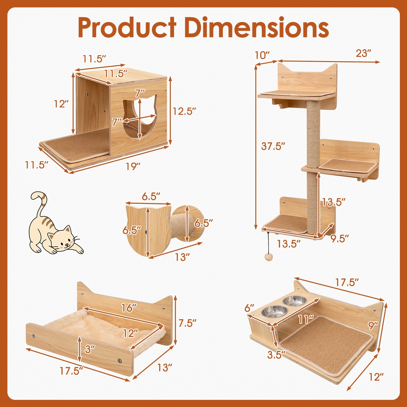 6 Pieces Cat Wall Furniture Set Kitten Wall Mounted Shelves-Natural | Purrfect Pet Kingdom