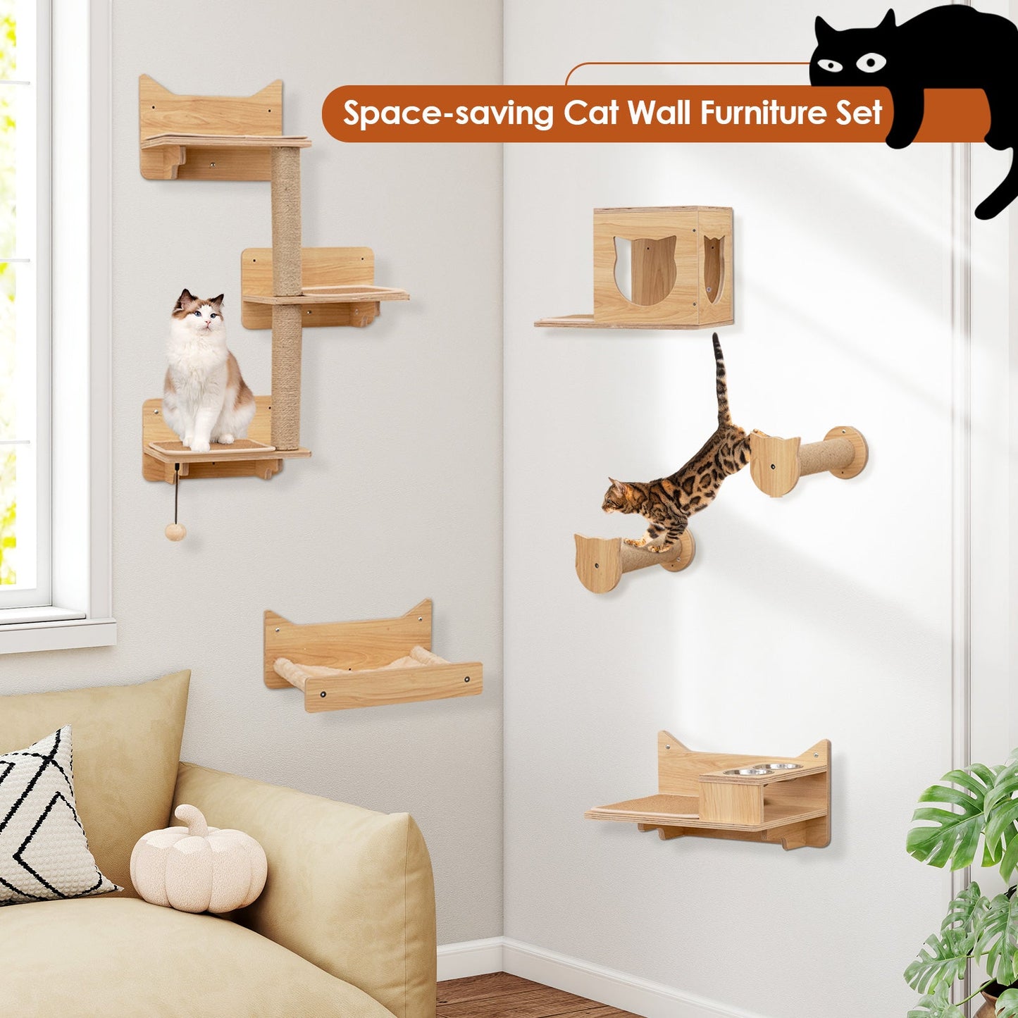 6 Pieces Cat Wall Furniture Set Kitten Wall Mounted Shelves-Natural | Purrfect Pet Kingdom